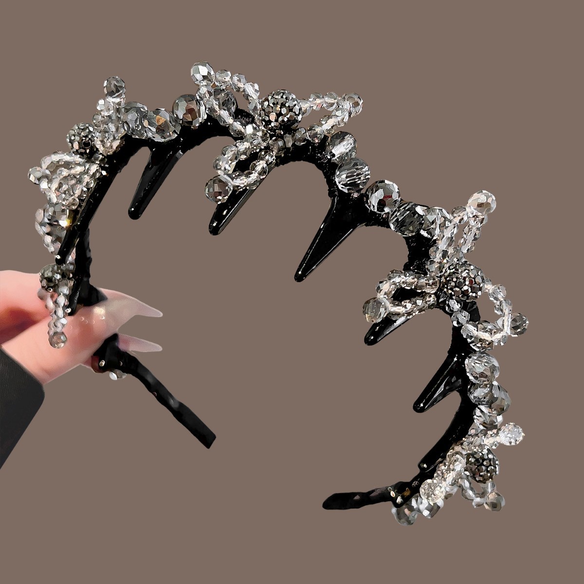 Black heavy-duty crystal beaded floral headband