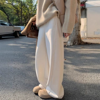 白色羊绒糯米阔腿裤女秋冬加绒加厚毛呢裤子高腰直筒垂感弯刀卫裤