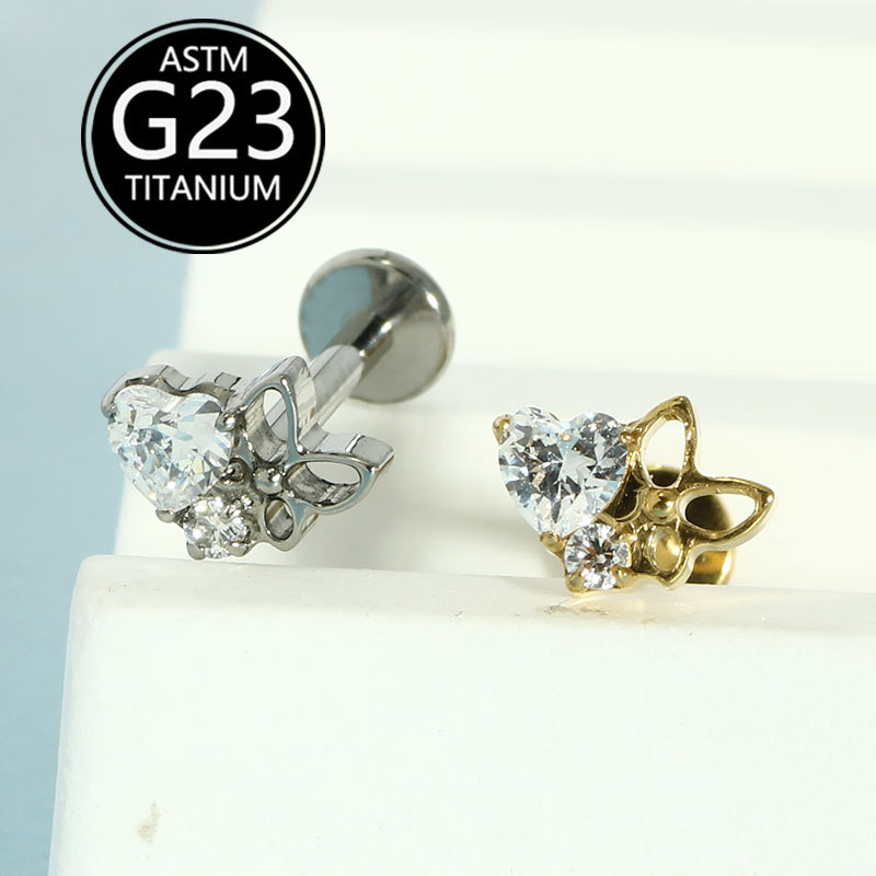 G23 Titanium Heart Lip Piercing Jewelry with Zircon - Labret Stud Cartilage Ear Bone Nail Wholesale detail image 5