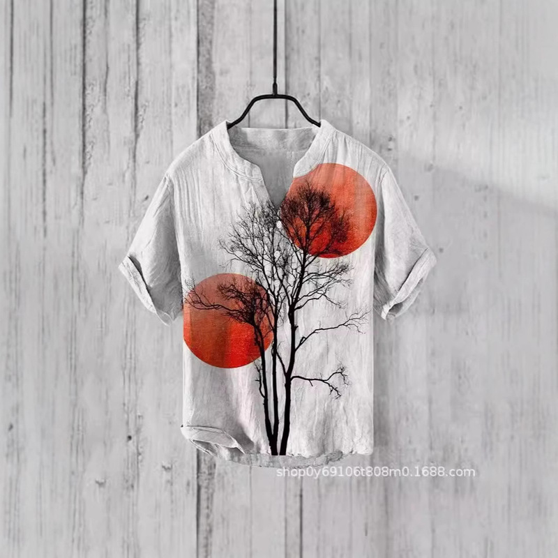New Men's Hawaiian Shirt Ink and Ink Sun Print European and American Amazon Cross-border Hemp Short-sleeved V-neck Shirt New Men's Hawaiian Shirt Ink and Ink Sun Print European and American Amazon Cross-border Hemp Short-sleeved V-neck Shirt