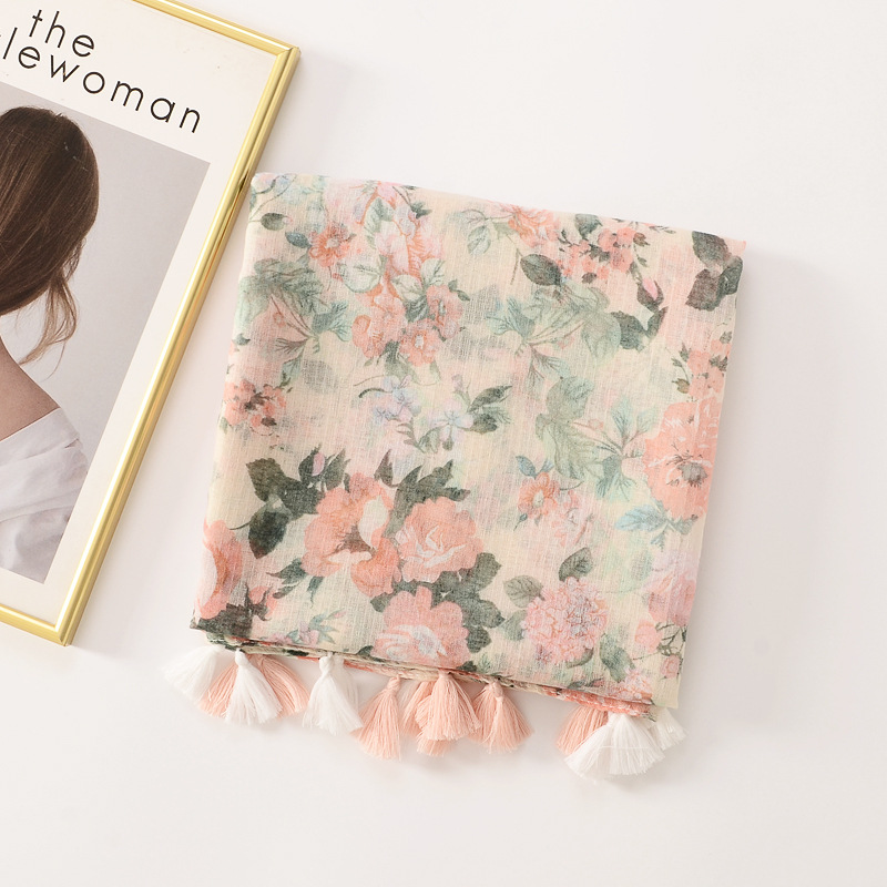 Nuevo japonés y coreano dulce elegante albaricoque colorido flor borla bufanda viaje protector solar chal algodón y lino sensación bufanda