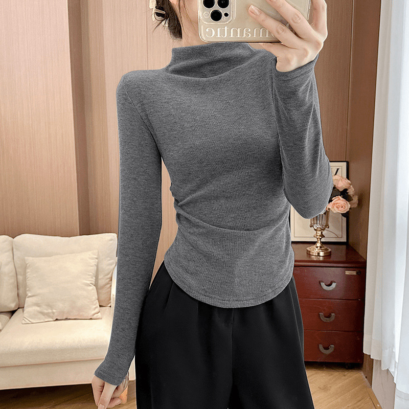 Yizixin Half-High Collar Glutinous Velvet Fleece-Lined Base Shirt for Women, Suitable for Layering in Autumn and Winter, Warm, Slim-Fit, Pleated Long Sleeves Yizixin Half-High Collar Glutinous Velvet Fleece-Lined Base Shirt for Women, Suitable for Layering in Autumn and Winter, Warm, Slim-Fit, Pleated Long Sleeves