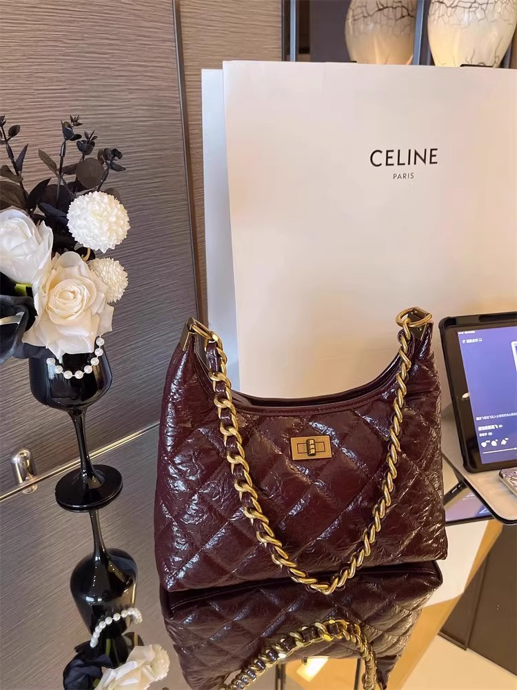 Túi tote nữ da thật kiểu tweed đeo chéo dây xích chần bông — Màu đen, Đỏ Ancora, Cà phê Mocha, Màu nâu chi tiết 3