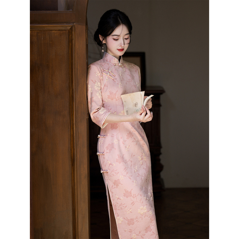 Losbo's Beautiful Suede Pink Cheongsam 2025 Autum Daily Ladylike Elegant Dress for Women Losbo's Beautiful Suede Pink Cheongsam 2025 Autum Daily Ladylike Elegant Dress for Women