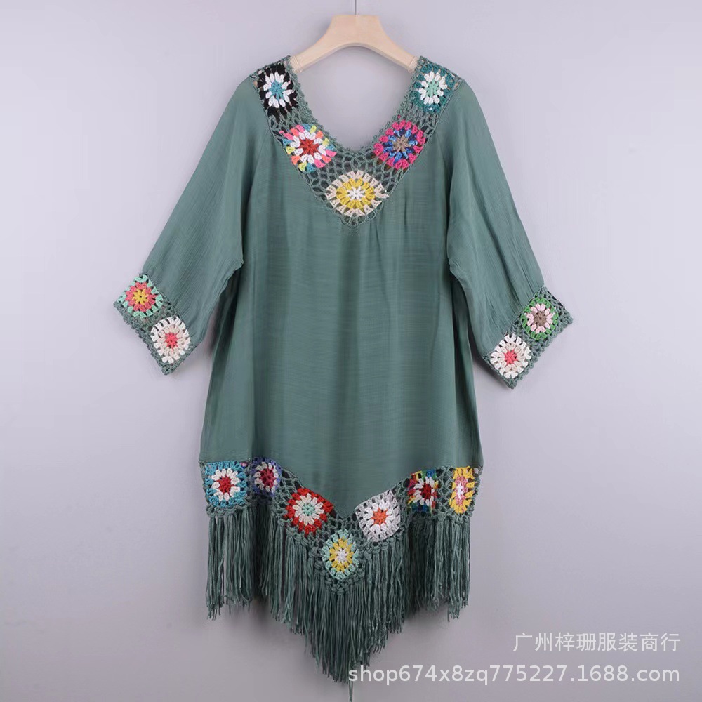 Transfronterizo nuevo fuera del hombro tres cuartos manga gancho flor costura borla irregular playa anti-DDoS blusa estilo étnico vestido image 11