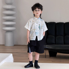 2025新型男児漢服夏服セット古風夏唐装シャツ中小童中国風代件