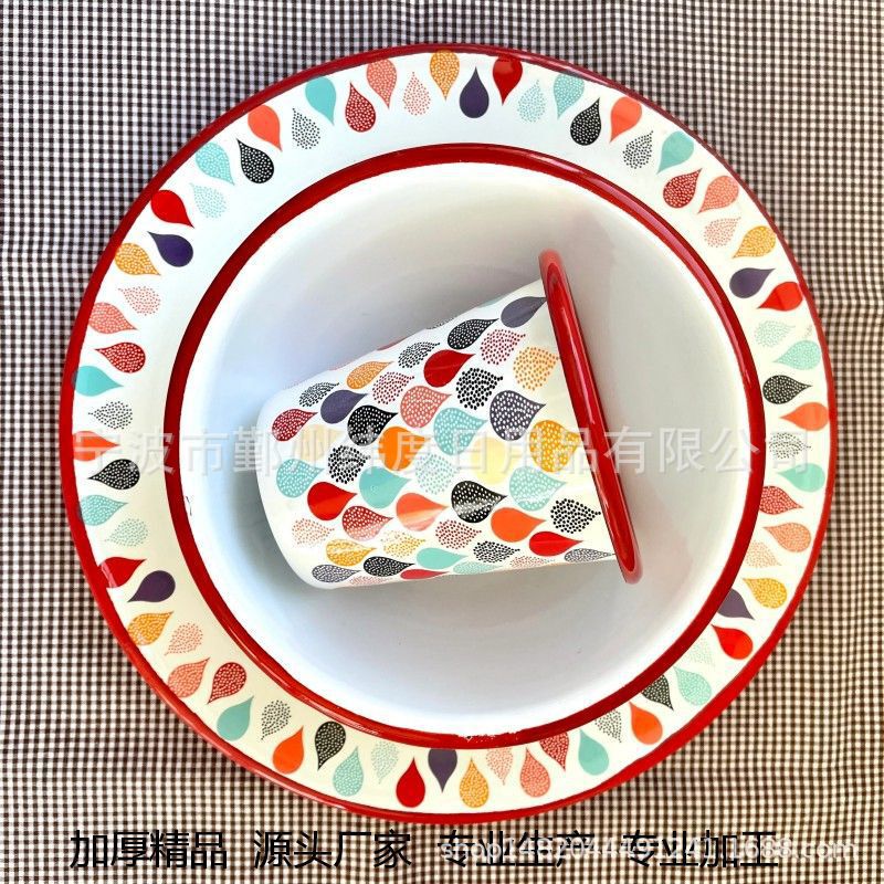Household enamel plate thickened enamel plate enamel cup suit enamel bowl Cola Cup v-shaped cup export Europe