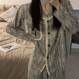 秋季上新纯棉流苏口袋花朵长袖长裤宽松舒适休闲家居服套装