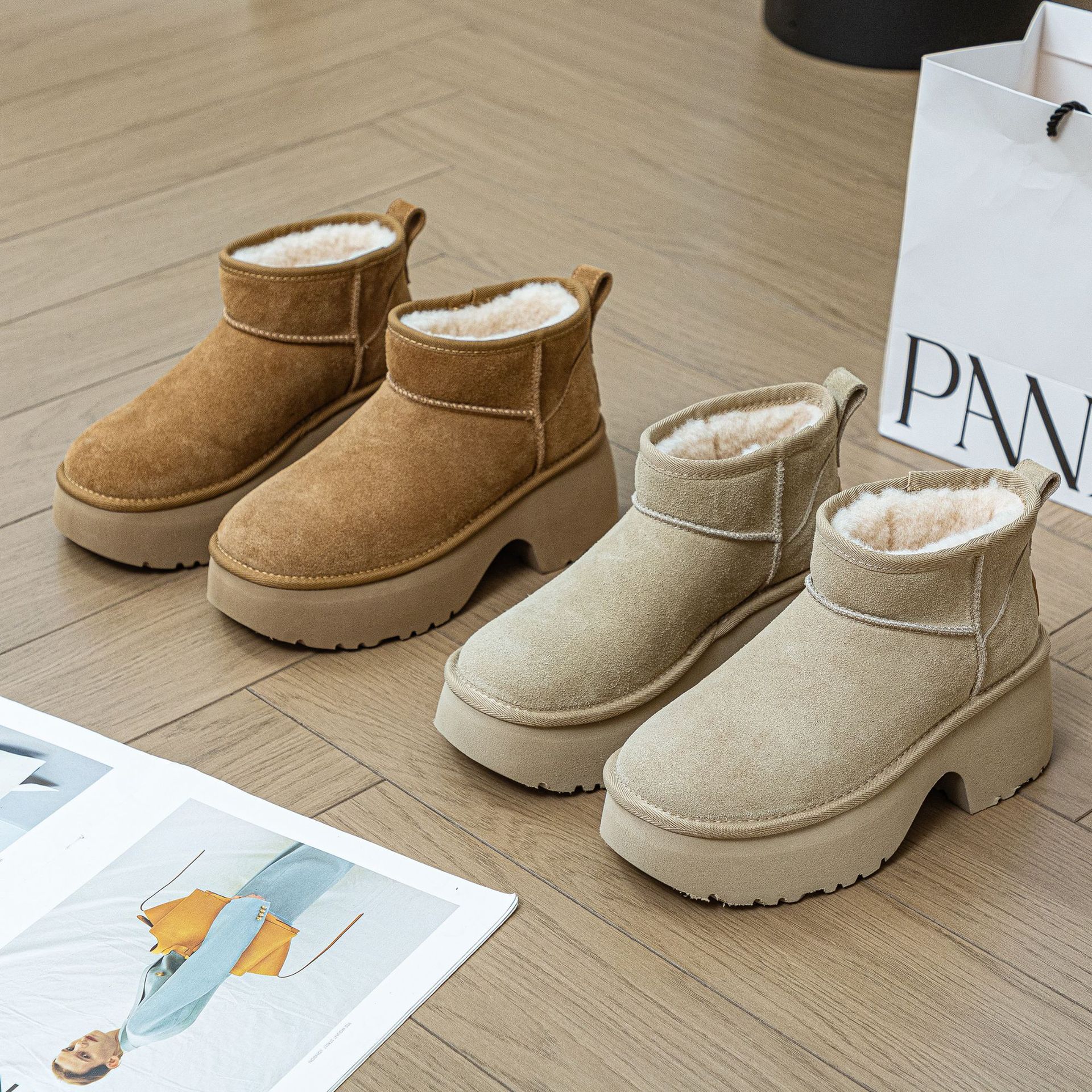 천연 가죽 인어 스타일 두꺼운 밑창 스노우 부츠 여성용 2025 겨울 모델 따뜻하고 두꺼운 짧은 부츠 키높이 캐주얼 대형 면화 신발