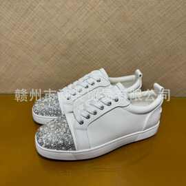 cl andgz红底鞋新款白色牛皮低帮前珍珠水晶男鞋休闲板鞋女鞋情侣