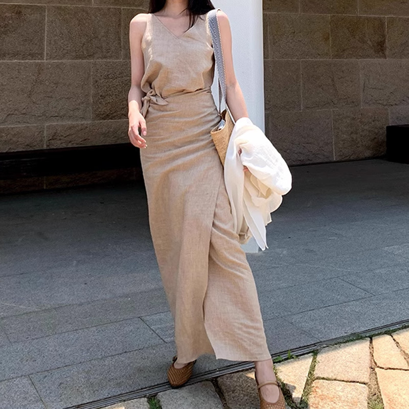 Floati Earth Poetry/Wood Tone Wood Color Linen Sleeveless Wrap Long Skirt Elegant Dress