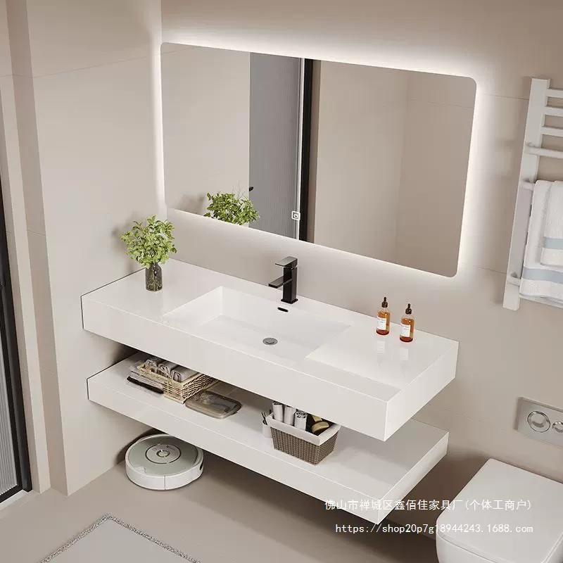 潮州厂家纯白岩板双层无缝一体陶瓷盆浴室柜组合挂墙式酒店洗手盆