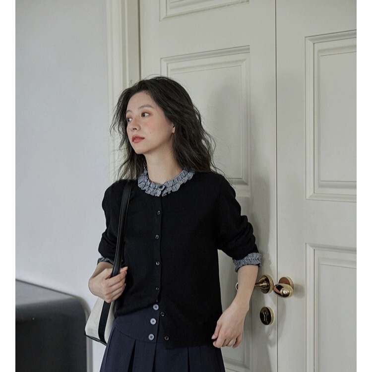 Autumn and Winter New Women's Velvet Lace Cardigan Slimming Outwear Splicing Versatile Wool Fabric Loose Knitwear Knitwear
