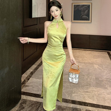 WDS5066欧美2025跨境外贸批发性感无袖镂空修身开衩旗袍连衣长裙