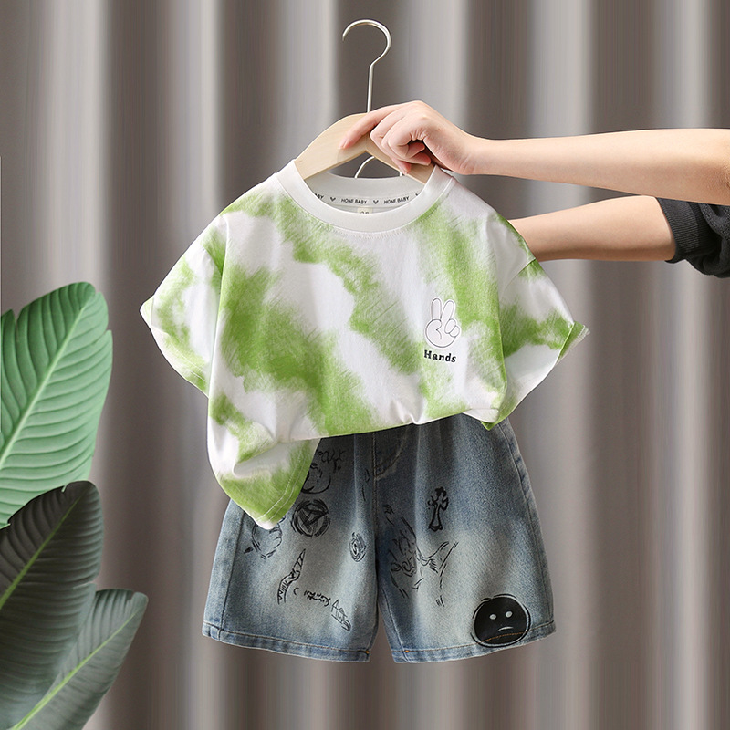 7281 Traje de verano para niños 2025 Nuevo estilo Camiseta estampada de manga corta para niños guapos Verano Versión coreana de dos piezas Verano