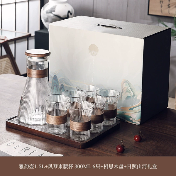[Gift Box Set] Yayun Pot 1.5L + Organ Belt Cup 6 pieces + Acacia Wood Plate + Rizhao Mountains and Rivers Gift Box