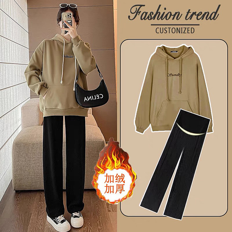 가을, 겨울용 임산부복, 벨벳과 두껍게 처리하여 따뜻함, 한국 스타일, 헐렁하고 배를 가릴 수 있는, 후드가 달린 긴 소매, 캐주얼한 아우터, 전체 세트