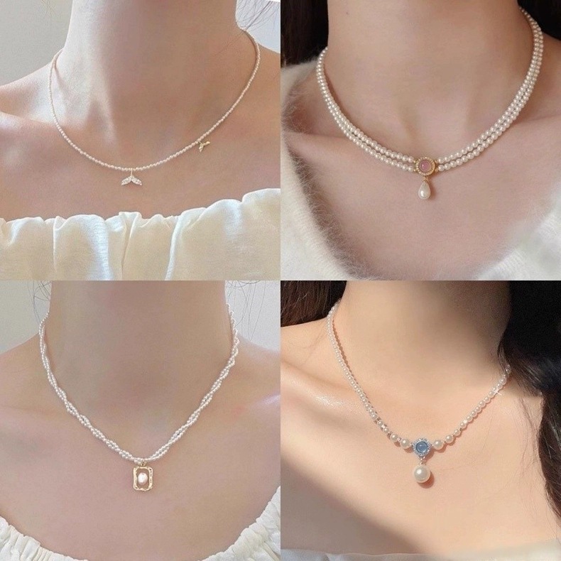French Aquamarine Imitation Pearl Necklace, Feminine Niche Necklace 2025 New Hot Style Double-Layered Sweater Chain
