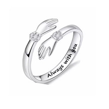 双手拥抱镶钻银戒指女欧美创意爱的拥抱开口可调节指环暖心礼物潮