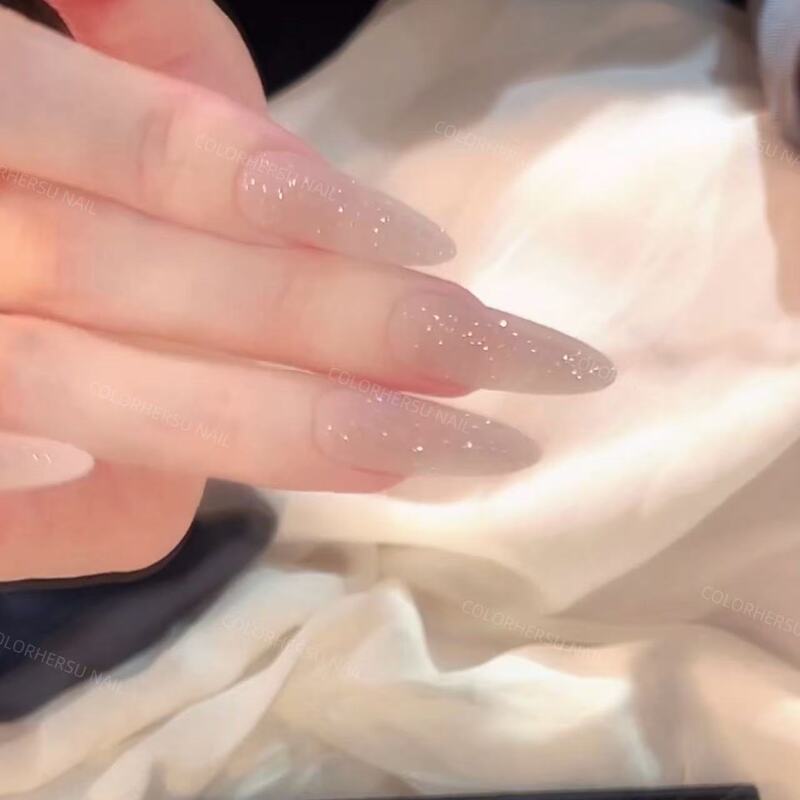 Cai She - [Shiny] Nude Pink Sugar Powder Full Cover Wearable Nails, Long Pointed Thin Shimmering Particles, Handmade Finished Product Wholesale
