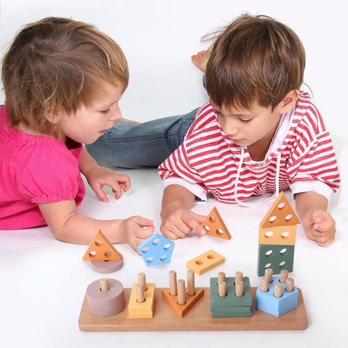 Children's early education educational toys wooden geometric shape matching five sets of column building blocks kindergarten Montessori teaching aids wholesale