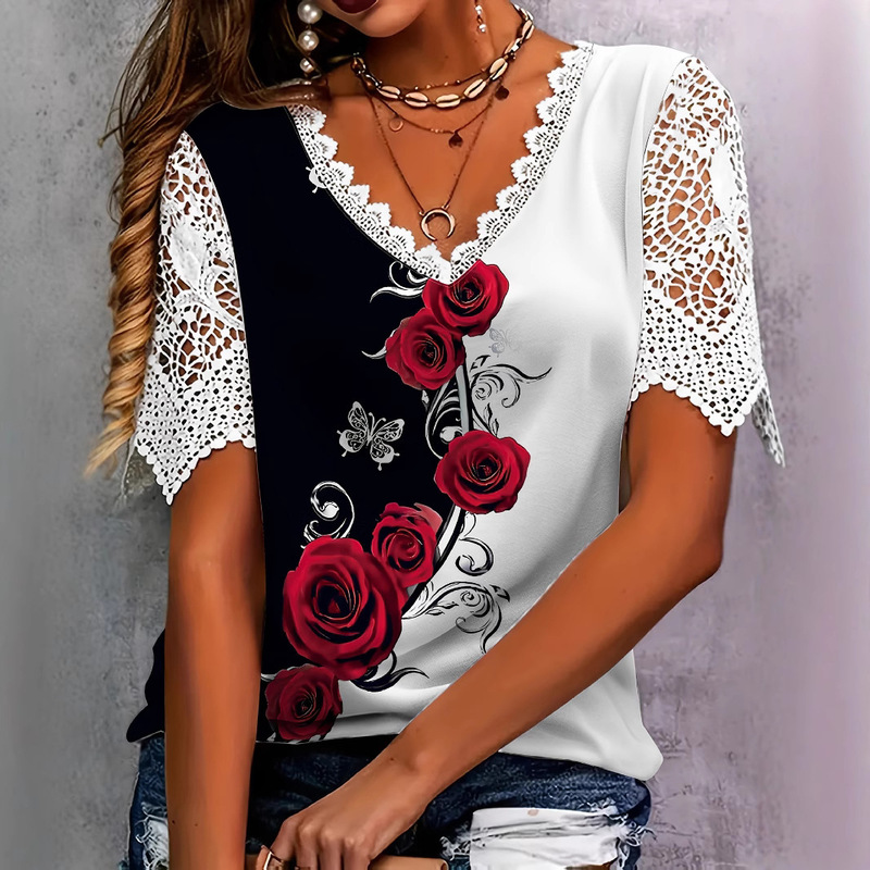 European and American Cross-Border 2025 Export Elegant Lace Stitching Fashionable Colorfulful Flower Butterfly Floral Print Short-Sleeved T-Shirt for Women