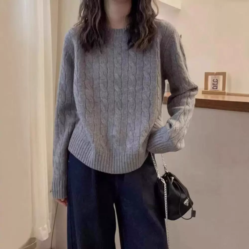 韩版新款秋冬加厚100羊毛衫女复古绞花慵懒蓬松柔软上衣羊绒毛衣