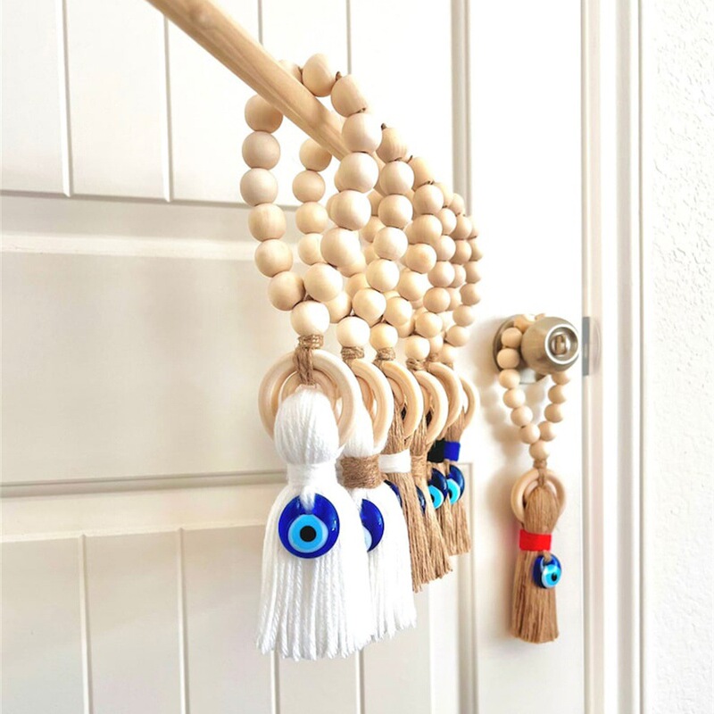 Wooden bead door handle pendant wool tassel car rearview mirror pendant blue eyes wall and key chain decoration