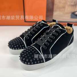 跨境cl andgz男黑色牛麂皮系带头铆钉低帮红底鞋女休闲板鞋情侣款