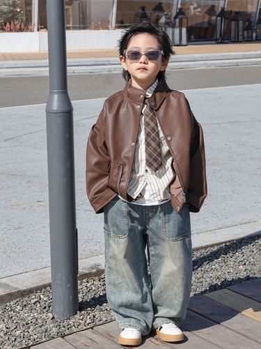 Children's Fleece Lined Leather Jacket 2025 Autumn New Boys and Girls Collar Leather Jacket for Boys Korean Style Motorcyclist Outfit