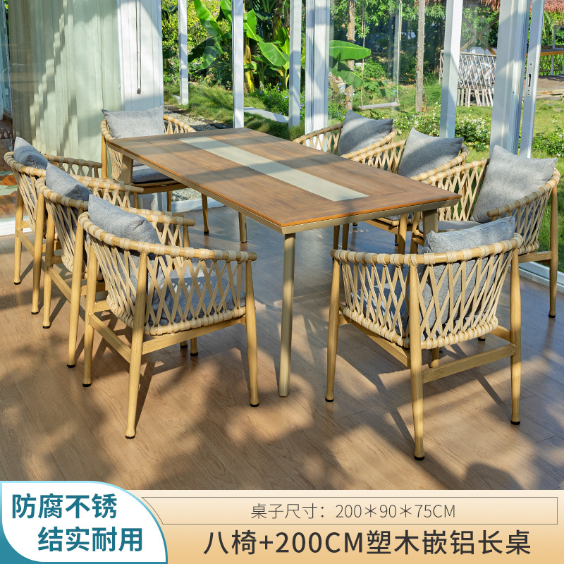 Mesa larga de aluminio con incrustaciones de madera de plástico de 200cm con ocho sillas
