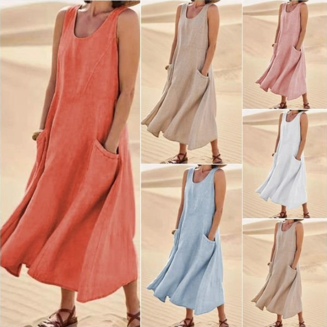 2025 Amazon Independent Station Summer European and American Foreign Trade Pocket Sleeveless Crewneck Women's Cotton and Linen dress