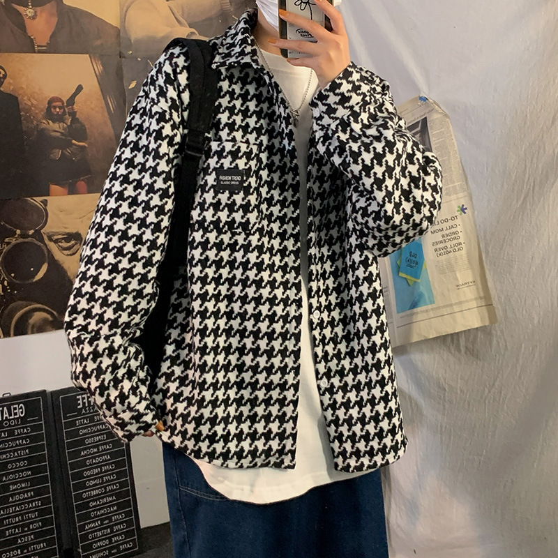 Autumn Jacket Men's Hong Kong-style Autumn and Winter National Fashion Retro Couple's Black and White Twill Plaid Short Long-sleeved Shirt for Men