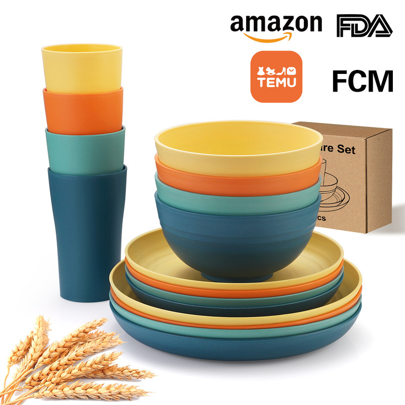 Cross-Border Bowl and Plate Set Wheat Straw Household Bowl Cup Plate Portable Tableware Gift Dinner Plate Cup Plate Rice Bowl