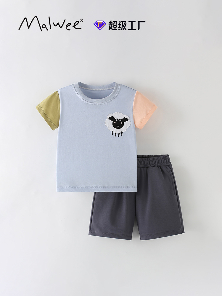 Traje de niño malwee transfronterizo, nuevo estilo de verano, camiseta de cuello redondo para niños pequeños y medianos europeos y americanos, pantalones de cintura elástica, ropa para niños