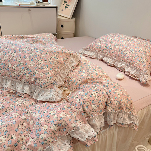 French ins small floral cotton bed four-piece set cotton quilt cover bed sheet bed skirt princess style bed skirt four-piece set