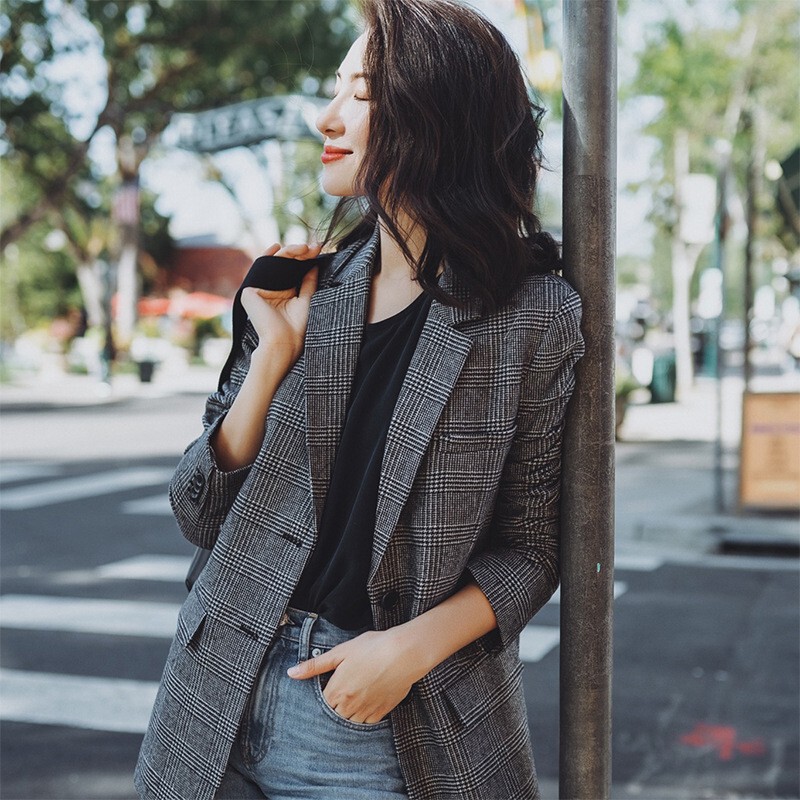 American Niche Classic Wool Blended Grey Plaid Suit Commuter Simple Taste Jacket Autumn Women's American Niche Classic Wool Blended Grey Plaid Suit Commuter Simple Taste Jacket Autumn Women's