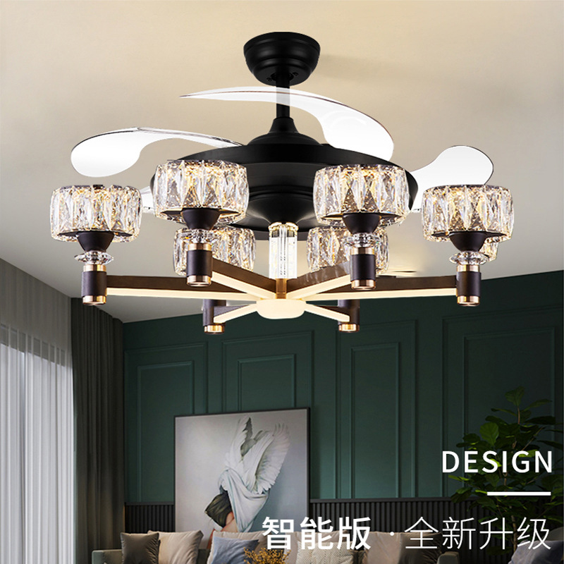 2022新款北歐隱形風扇燈歐式輕奢客廳水晶吊燈變頻臥室餐廳吊扇燈