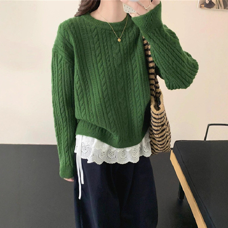 韩系圆领麻花套头毛衣女秋冬新款软糯宽松慵懒针织打底衫短款上衣