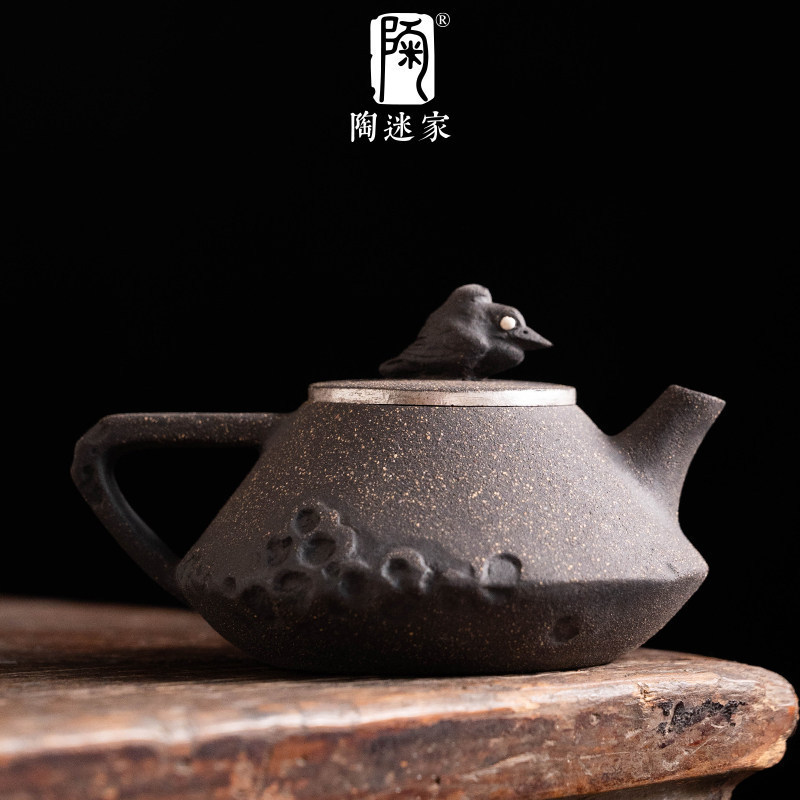 Tea pot made of Taihu stone rough pottery, creative bird-shaped knob, ceramic small-capacity single pot for brewing tea, Kung Fu tea set