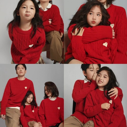 Parent-child set sweater for a family of three,  autumn/winter new thick red cable knit mother and daughter set for babies and toddlers