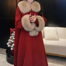 新年战袍2024冬季红色斗篷毛呢外套女宽松加厚中长款设计气质大衣