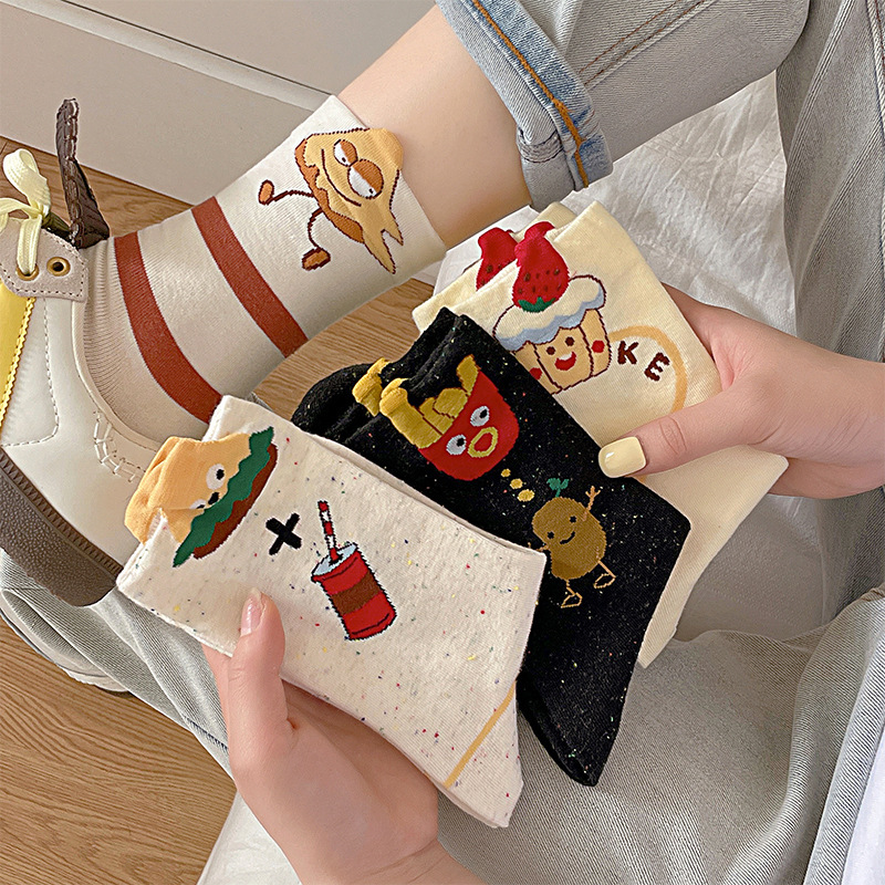 Summer Women's Socks Cute Cartoon Fries Burger Mid-Calf Socks Ins Style Creative Quirky Seamless Versatile Cotton Socks