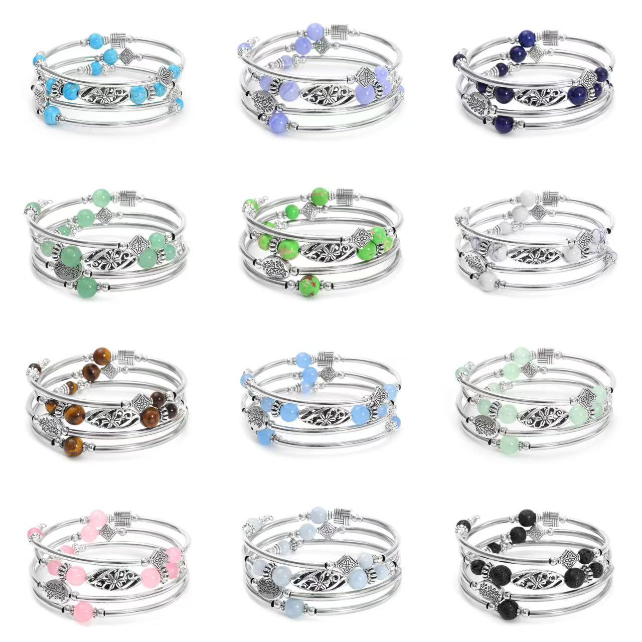 Amazon Best Selling Natural Turquoise Wrapped Bracelet Volcanic Stone Blue Stone Multi-Layered Women's Natural Stone Bracelet