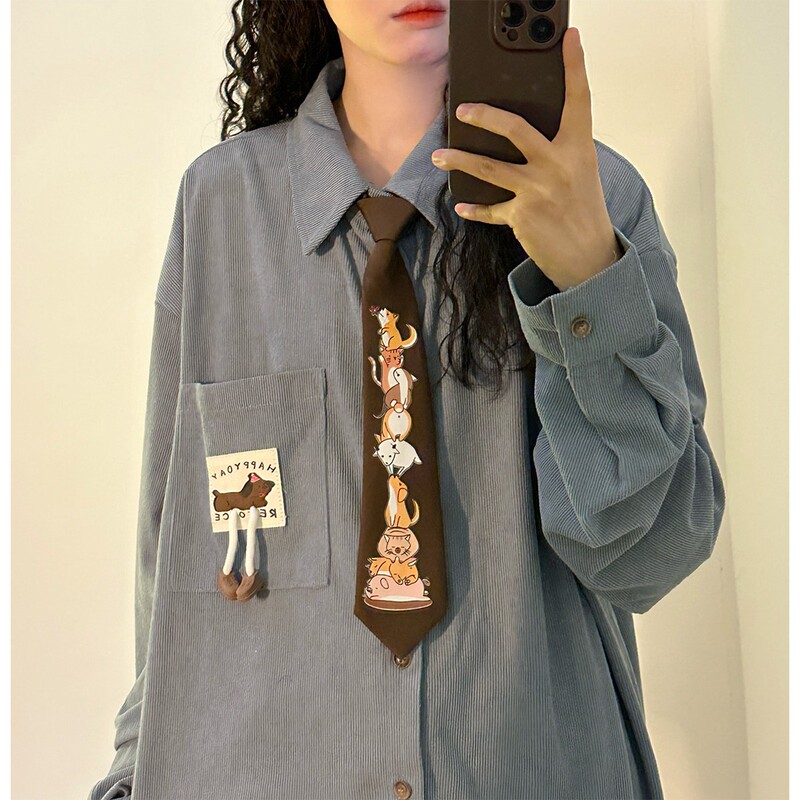 Spring and Autumn New Style American Retro Corduroy Design with Interesting Animal Tie Loose Long-Sleeved Shirt Top for Women