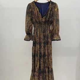 法系BA24年春夏新款法式复古V领漆金气质收腰泡泡袖连衣裙女31740