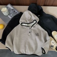 男童一体绒连帽卫衣2025冬装儿童加绒条纹女童休闲上衣中小童外套