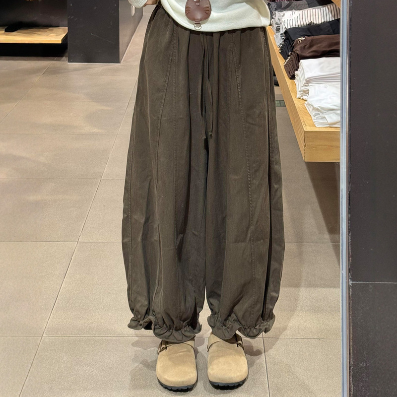 卡其色花边阔腿裤女秋季大码胖mm宽松显瘦慵懒松弛感小个子花苞裤|undefined
