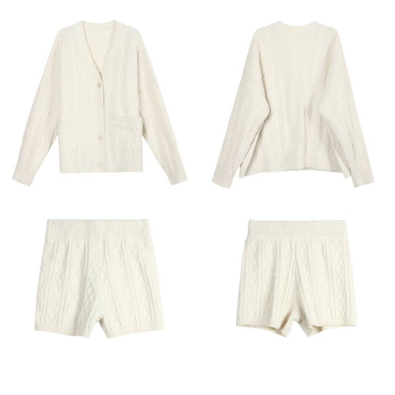 Otoño y invierno estilo coreano estilo perezoso cardigan de flores de cuello en V suéter abrigo abrigo de punto conjunto de pantalones cortos image 5