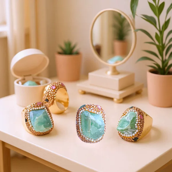 Inlaid Natural Fluorite Women's Open Copper Ring Raw Ore Irregular Bohemian Natural Agate Ring